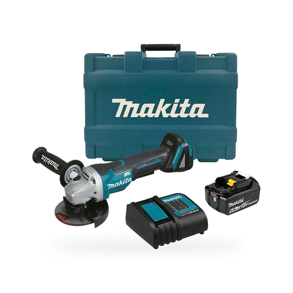 Esmeriladora inalámbrica Makita DGA458ST con batería, cargador y maletín