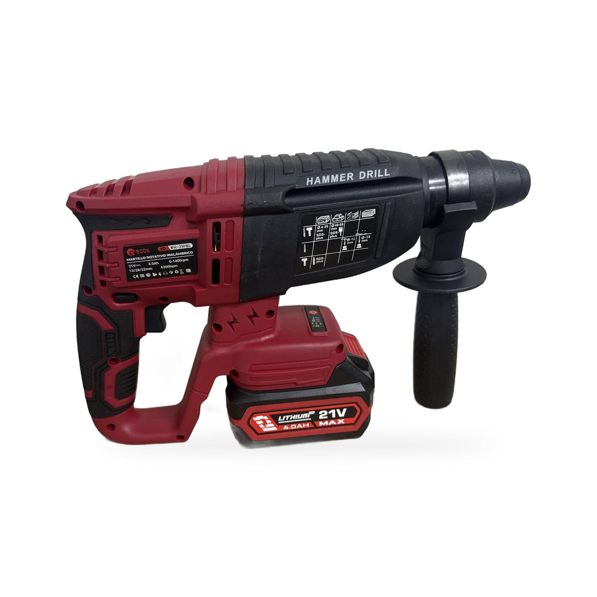 Rompedor SDS PLUS inalámbrico Edon ED-RH-21PBL brushless, otro costado con etiqueta de datos