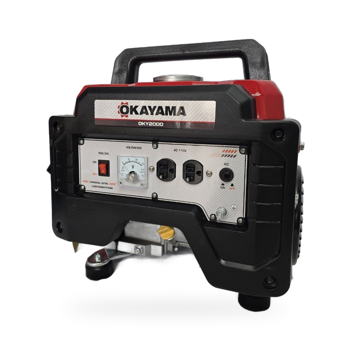 Generador a gasolina Okayama OKY2000 visto de frente con panel de dos contactos 110 V, voltímetro e interruptor