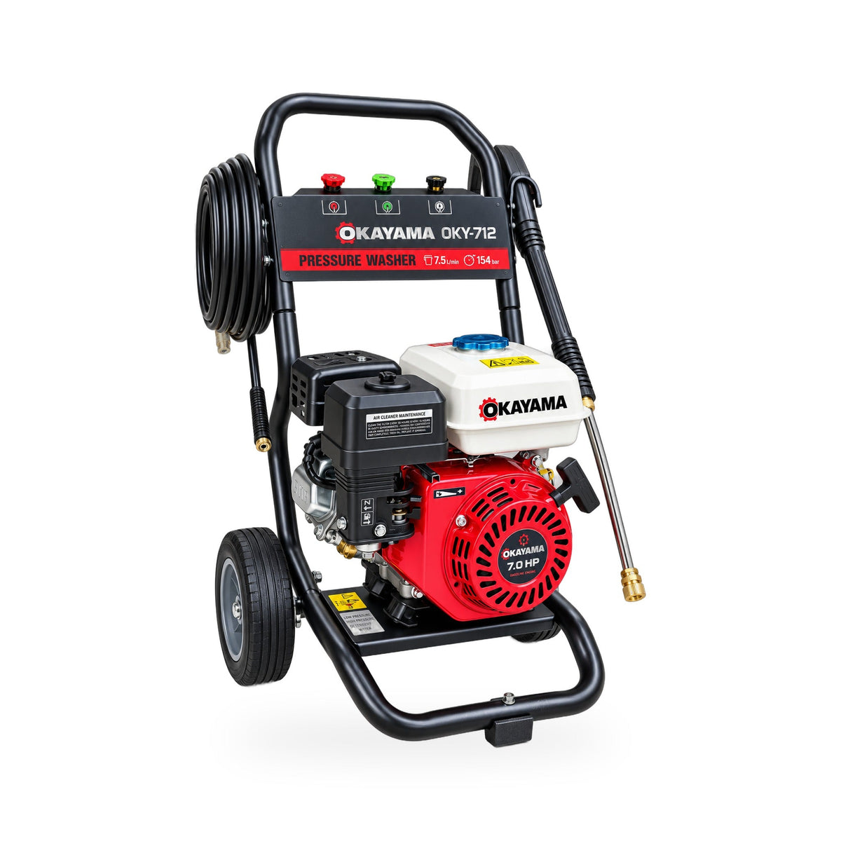 Hidrolavadora Okayama LT712 motor a gasolina y chasis con llantas