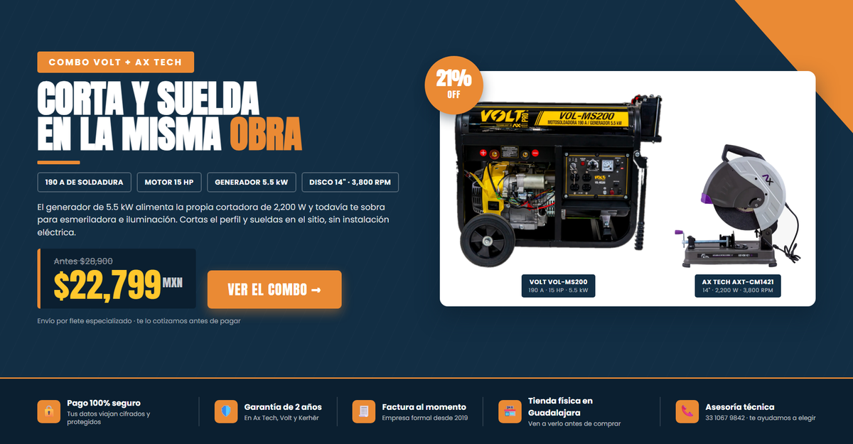 Combo Volt VOL-MS200 190A y cortadora AxTech AXT-CM1421 14 pulgadas por $22,799 - banner escritorio septiembre 2026