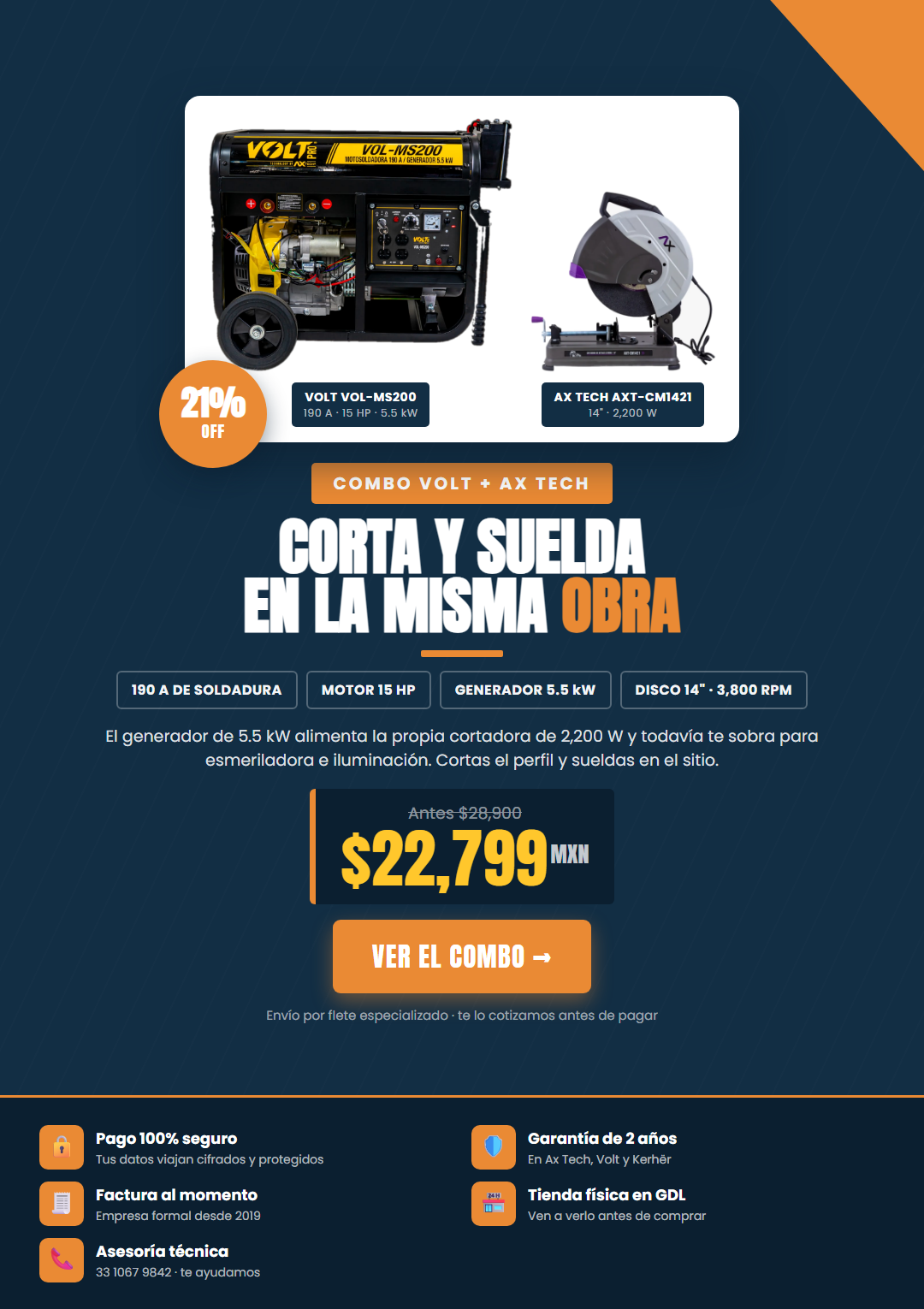 Combo Volt VOL-MS200 190A y cortadora AxTech AXT-CM1421 14 pulgadas por $22,799 - banner movil septiembre 2026