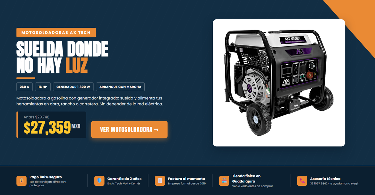 Motosoldadora AxTech AXT-MS260Y 260A con generador: suelda donde no hay luz