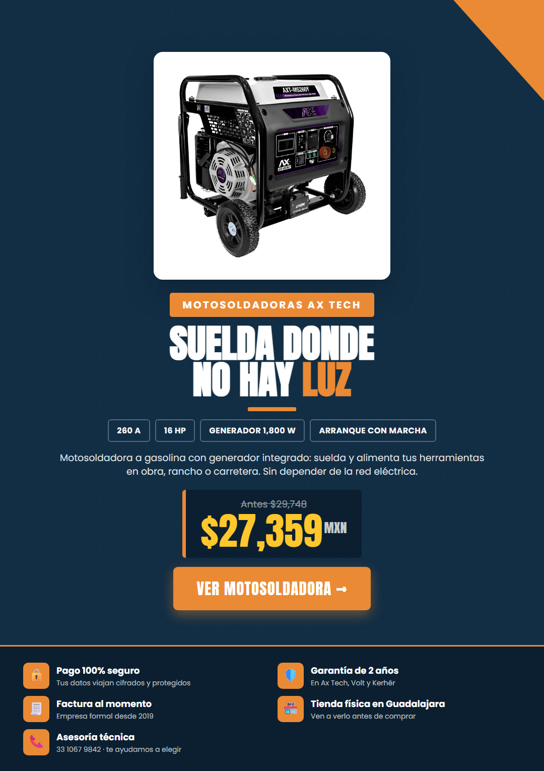 Motosoldadora AxTech AXT-MS260Y 260A con generador: suelda donde no hay luz