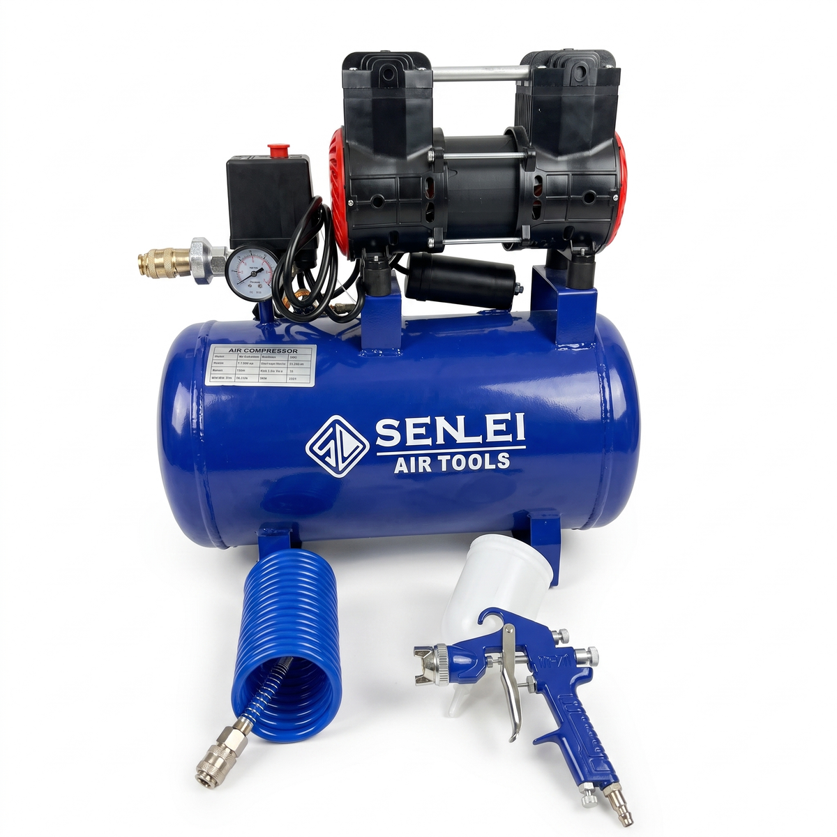 Compresor silencioso libre de aceite 24L Senlei OLF551-24LA con manguera espiral y pistola de pintar