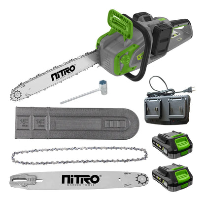 Motosierra inalámbrica 1200 W, brushless, barra de 16", 2 baterías 20 V, cargador doble Nitro NIT-MSB106