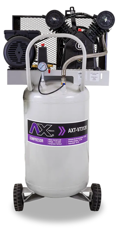 Compresor Vertical 72Lts Cabezal 2 Pistones EN V Motor Carroll 3HP, 110-220V, Ax Tech AXT-V73120