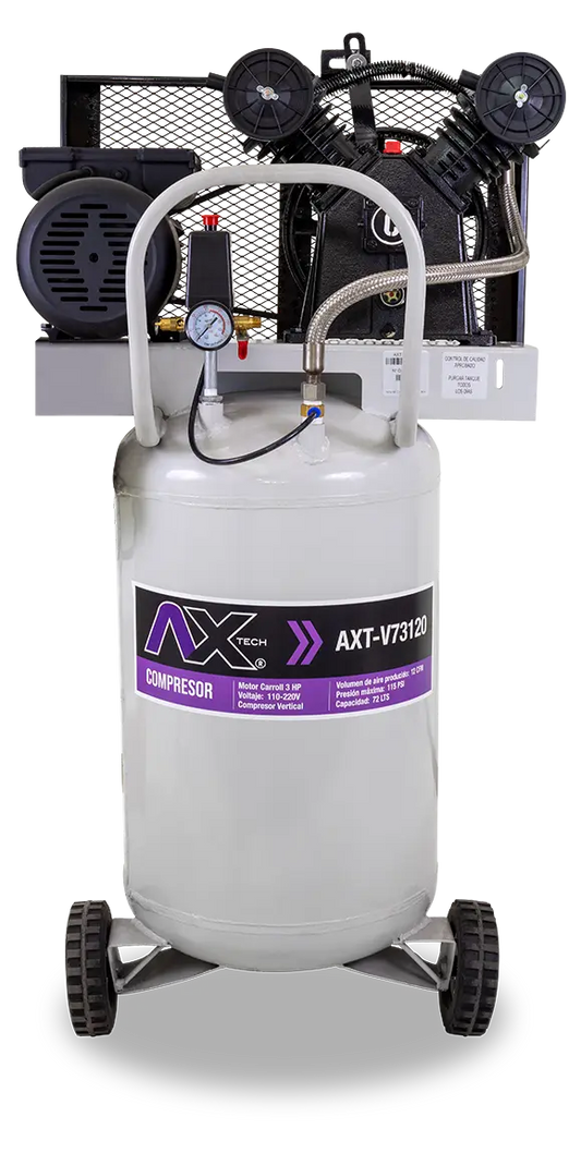 Compresor Vertical 72Lts Cabezal 2 Pistones EN V Motor Carroll 3HP, 110-220V, Ax Tech AXT-V73120