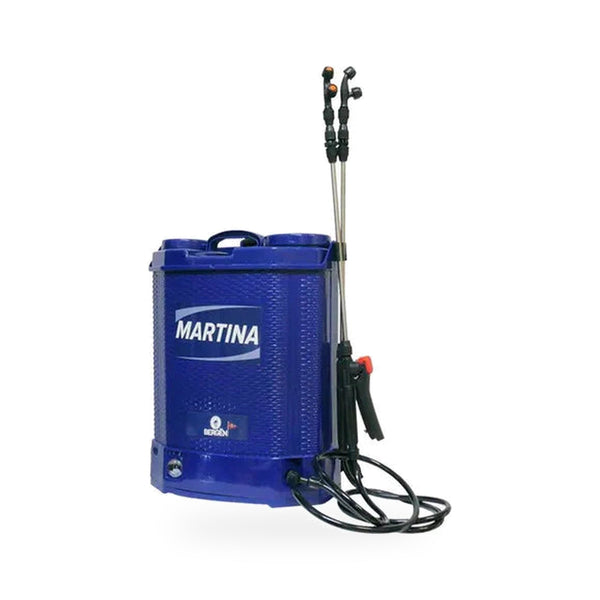Aspersora eléctrica Bergën MARTINA 18 L azul con doble varilla sobre fondo blanco