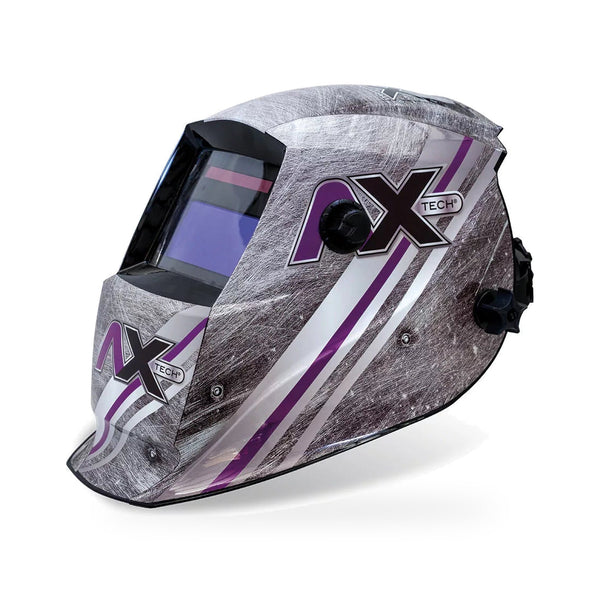 Careta electrónica para soldar AxTech AXT-CEMETAL-CV con sombra variable, vista lateral sobre fondo blanco
