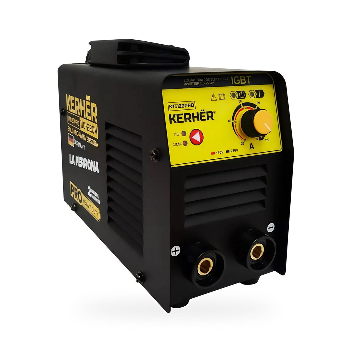 Soldadora inversora Kerhër KTI120PRO 120 A MMA, vista frontal con perilla de amperaje