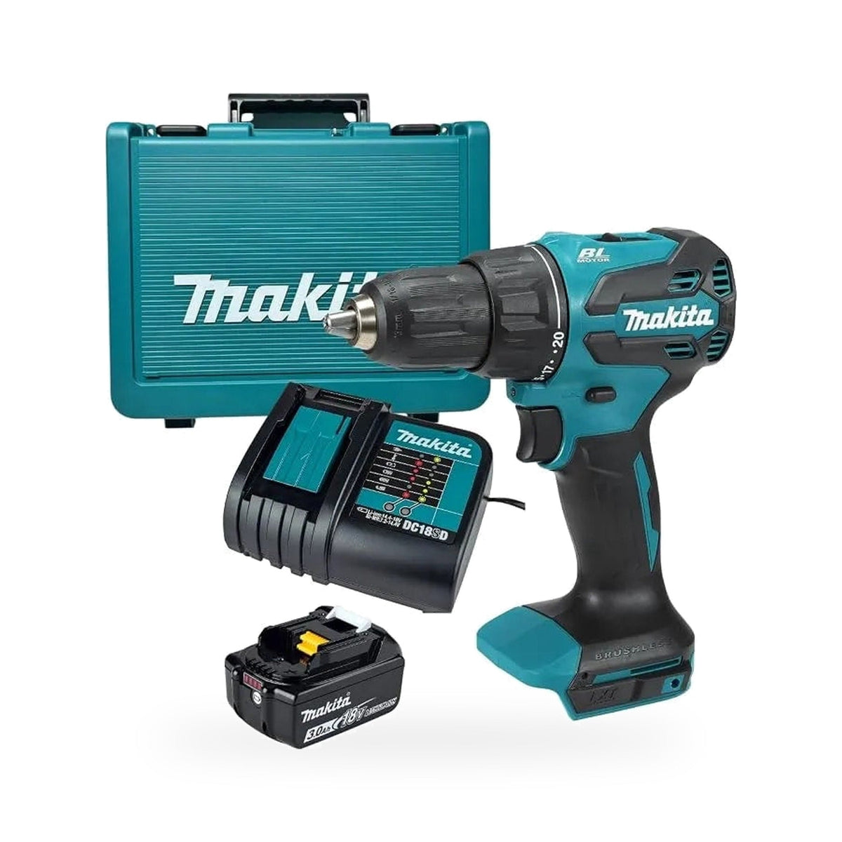 Rotomartillo inalámbrico Makita DHP490SFX 18V LXT con batería, cargador DC18SD y maletín