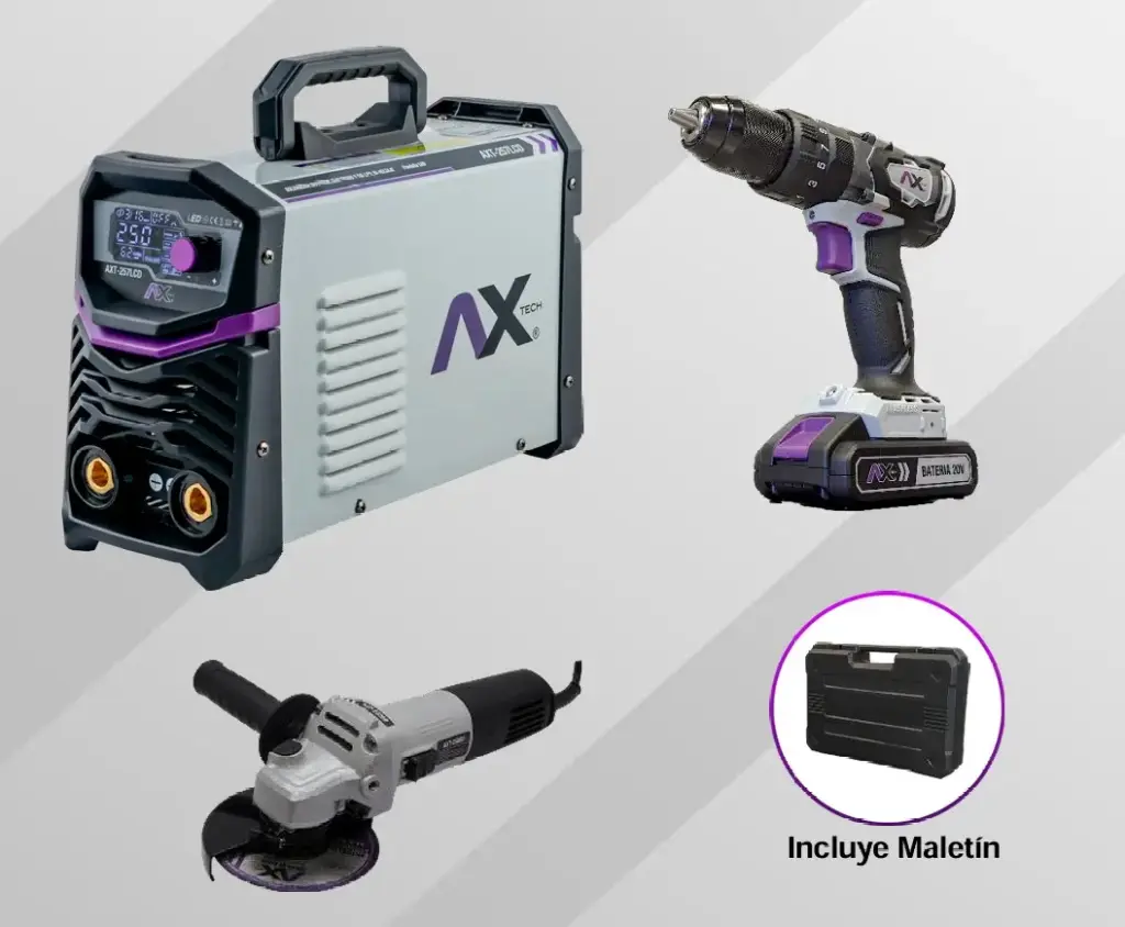 Combo Soldadora Inversor MMA Electrodo Y TIG LIFT 250A 110/220V Con Rotomartillo Inalámbrico ½” 20V, Esmeriladora eléctrica 850W AXT-257LCD-C4
