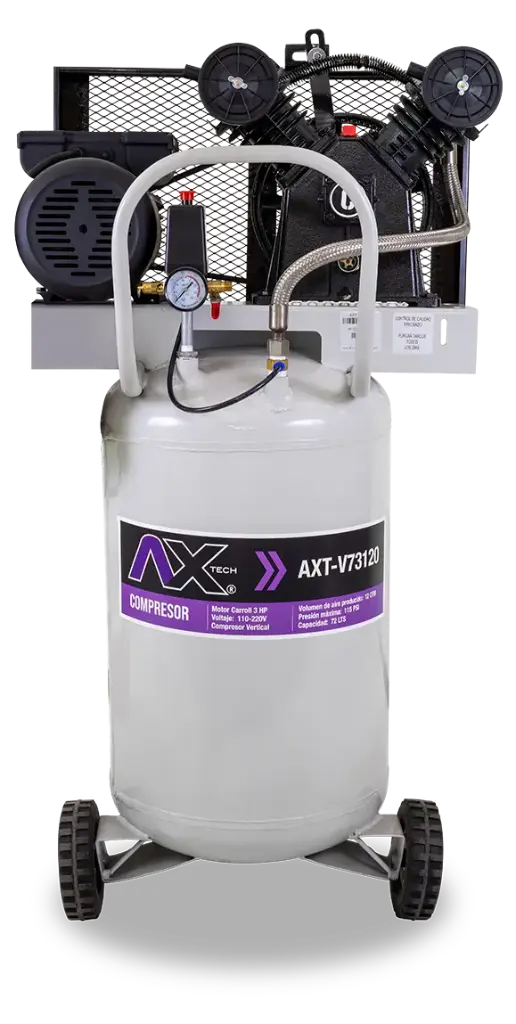 Compresor Vertical 72Lts Cabezal 2 Pistones EN V Motor Carroll 3HP, 110-220V, Ax Tech AXT-V73120