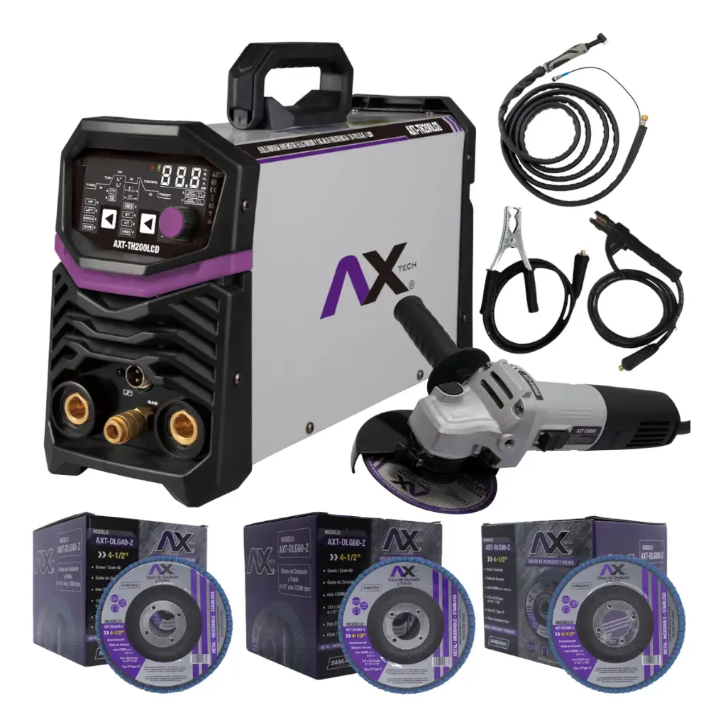 Kit Soldadora Tig Hf 200a+ Miniesmeril + 30 Discos Axtech AXT-TH200LCD-C2