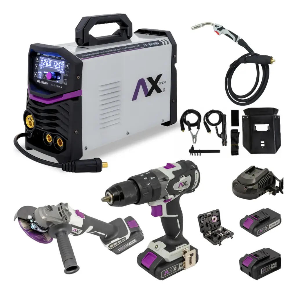 Combo Soldadora Inversor MIG/MAG Electrodo y Tig Lift, Bi Voltaje 200A con Kit de Herramienta Eléctrica Ax Tech AXT-EM204BV-C3