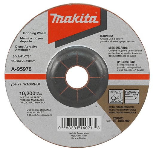 [A-95978-5] Disco para Esmeril Inoxidable de 6" x 1/4" x 7/8", Grano 36 Makita A-95978-5